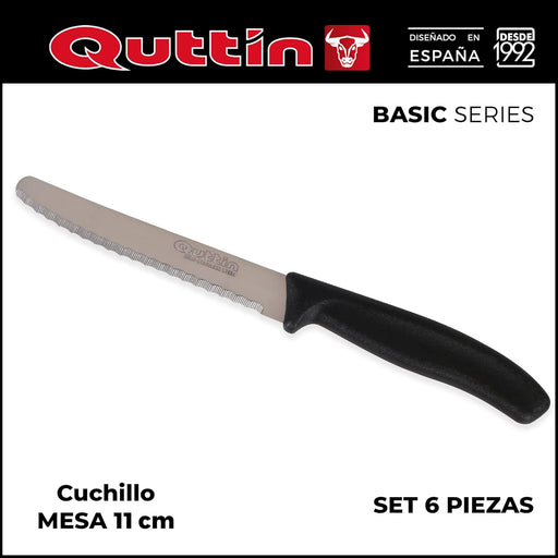 Quttin Basic Set de 6 Cuchillos de Mesa con hoja de sierra de 11cm. Un juego de cuchillos para el uso diario, resistentes y duraderos, con un práctico mango de color negro. Quttin - pack