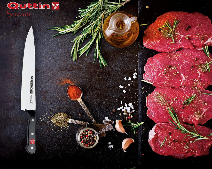 Quttin Cuchillo Cocinero Profesional Sybarite, Hoja de 25 cm. Forjado en acero inoxidable con Molibdeno Vanadio y mango ergonómico de POM con remaches. Quttin - detalle