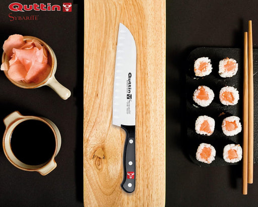Quttin Cuchillo Santoku Profesional Sybarite, Hoja de 17 cm. Fabricado en acero alemán con Molibdeno Vanadio, ideal para filetear, cortar verduras y preparar sushi. Quttin - pack