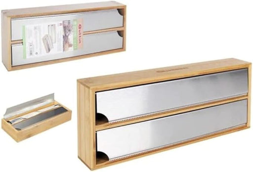 Quttin Dispensador de Bambú para Papel de Aluminio y Film. Organizador de cocina 2 en 1 de 33.5x13x5.5 cm con cortador integrado, ecológico, duradero y de diseño elegante y funcional. Quttin - frontal
