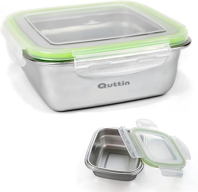 Quttin Fiambrera Cuadrada de Acero Inoxidable, 0.40L (13x13cm). Recipiente hermético con tapa de plástico sin BPA, ideal para conservar y transportar alimentos de forma segura. Quttin - frontal