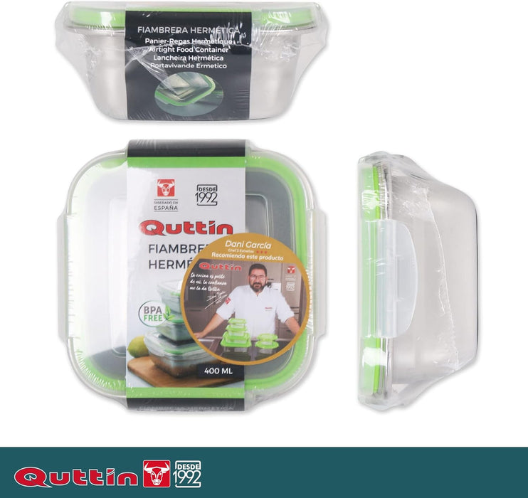 Quttin Fiambrera de Acero Inoxidable Cuadrada (0.40L, 13x13cm). Contenedor de alimentos con tapa hermética a prueba de fugas, apto para horno, congelador y lavavajillas. Quttin - detalle