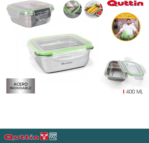 Quttin Fiambrera de Acero Inoxidable Cuadrada (0.40L, 13x13cm). Contenedor de alimentos con tapa hermética a prueba de fugas, apto para horno, congelador y lavavajillas. Quttin - pack