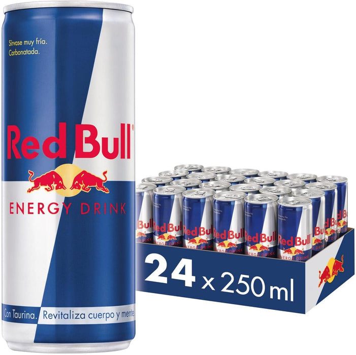 Red Bull Bebida Energética, pack de 24 latas de 250 ml. La bebida funcional con cafeína, taurina y vitaminas para revitalizar cuerpo y mente cuando más lo necesitas. Red Bull - frontal