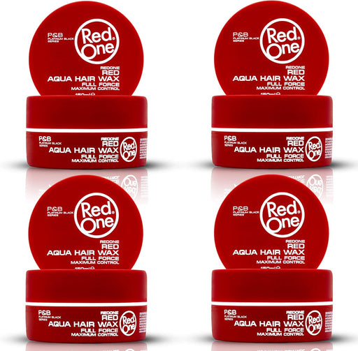 RedOne Aqua Hair Wax Full Force Roja, Pack de 4 botes de 150ml. Cera para el pelo con fijación fuerte y acabado brillante, ideal para un control máximo de tu peinado. Redone - frontal