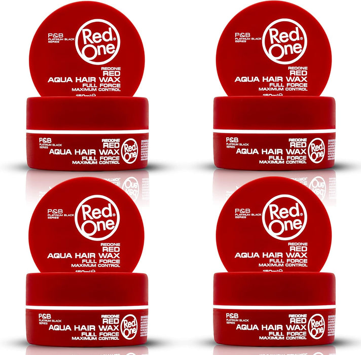 RedOne Aqua Hair Wax Full Force Roja, Pack de 4 botes de 150ml. Cera para el pelo con fijación fuerte y acabado brillante, ideal para un control máximo de tu peinado. Redone - frontal