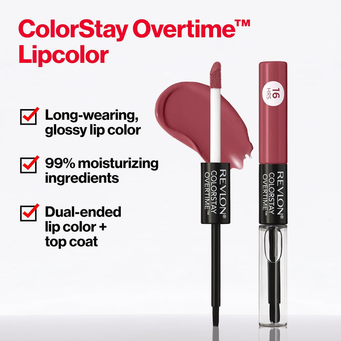 Revlon ColorStay Overtime Pintalabios Larga Duración 2 Pasos, Tono 020 Perennial Plum. Un labial líquido con top coat brillante para un color y confort hasta 16 horas. Revlon - uso