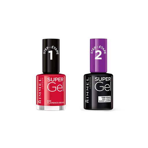 Kit de Esmalte de Uñas Rimmel Super Gel que incluye el color 045 Flamenco Beach y el Top Coat. Manicura efecto gel de larga duración hasta 14 días. No necesita lámpara UV. Rimmel London - frontal