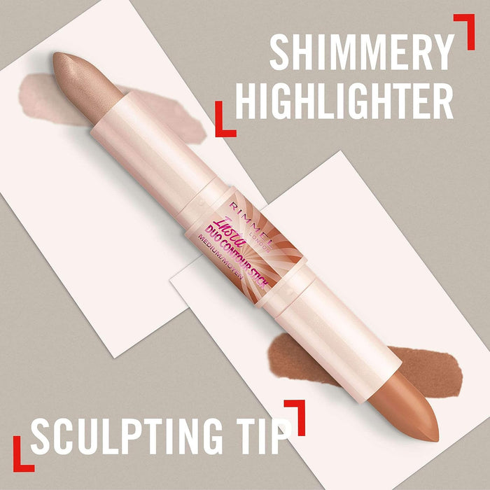 Rimmel Insta Duo Contour Stick, tono 200 Medium. Stick de contorno 2 en 1 con iluminador para esculpir y definir el rostro de forma rápida, fácil y con un acabado profesional. Rimmel London - detalle