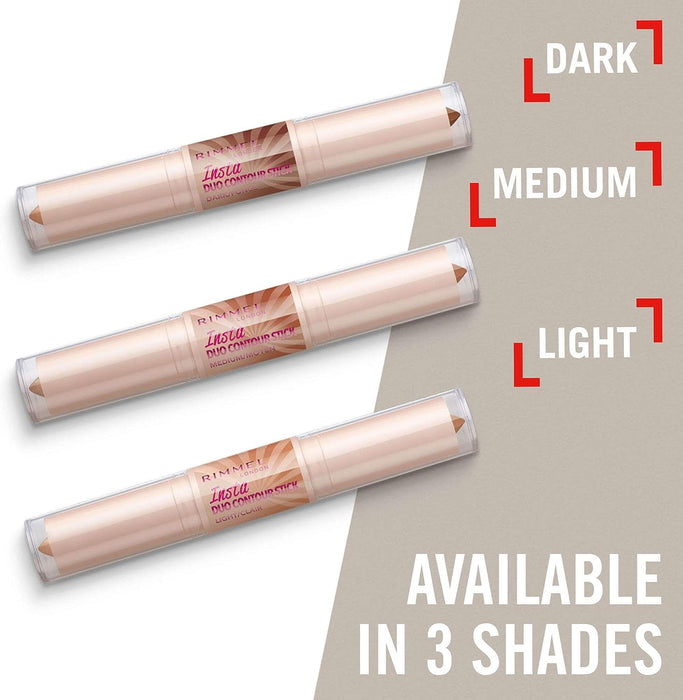 Rimmel Insta Duo Contour Stick, tono 200 Medium. Stick de contorno 2 en 1 con iluminador para esculpir y definir el rostro de forma rápida, fácil y con un acabado profesional. Rimmel London - ingredientes