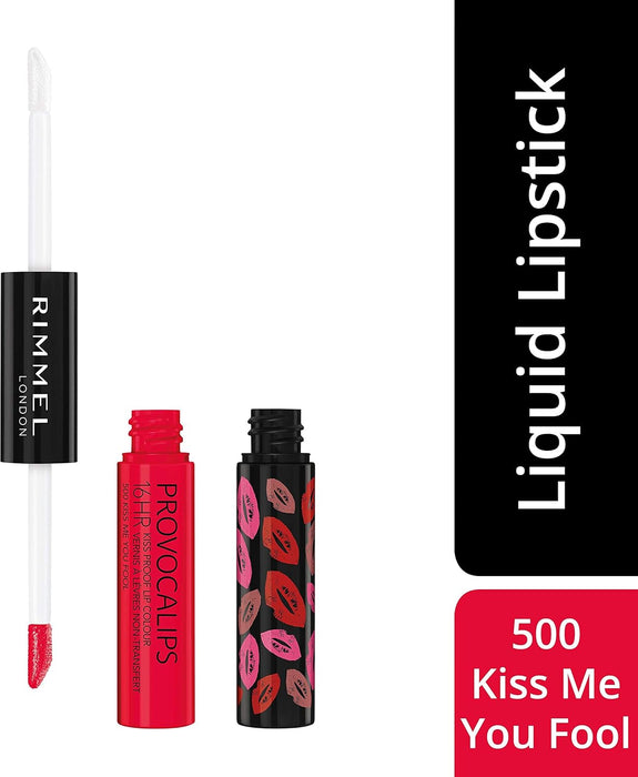 Rimmel London Provocalips Labial Líquido 16H, Tono 500 Kiss Me You Fool. Un labial de 2 pasos con color rojo intenso, a prueba de besos y con acabado brillante. Rimmel London - detalle