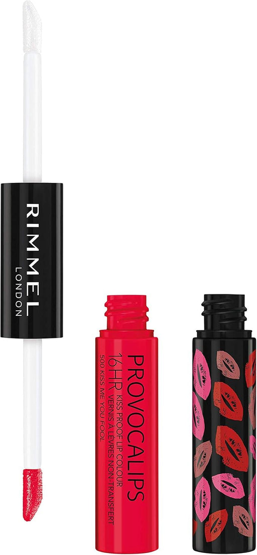 Rimmel London Provocalips Labial Líquido 16H, Tono 500 Kiss Me You Fool. Un labial de 2 pasos con color rojo intenso, a prueba de besos y con acabado brillante. Rimmel London - frontal