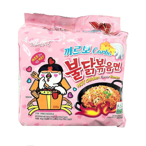 Pack de 5 Samyang Buldak Carbo. Fideos Coreanos de Pollo Picante con un Toque Cremoso de Carbonara. El Equilibrio Perfecto entre Picante, Queso y Nata. Samyang - frontal