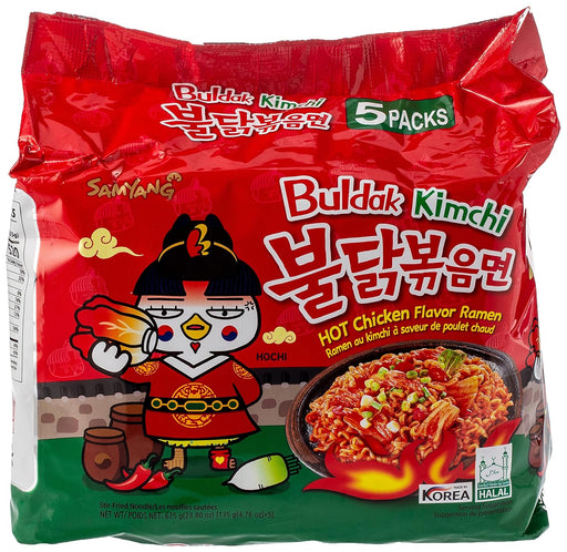 Pack de 5 Samyang Buldak Kimchi. Fideos Coreanos de Pollo Picante con el Sabor Intenso y Fermentado del Kimchi. Una Combinación Ácida, Picante y Deliciosa. Samyang - frontal