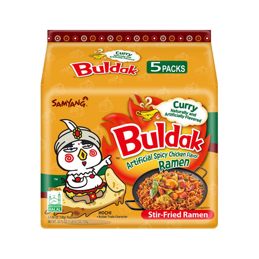 Samyang Buldak Curry Ramen, Pack de 5x140g. La exótica fusión del picante coreano y el curry aromático. Una versión única y deliciosa del famoso ramen de pollo picante para explorar nuevos sabores. Samyang - frontal