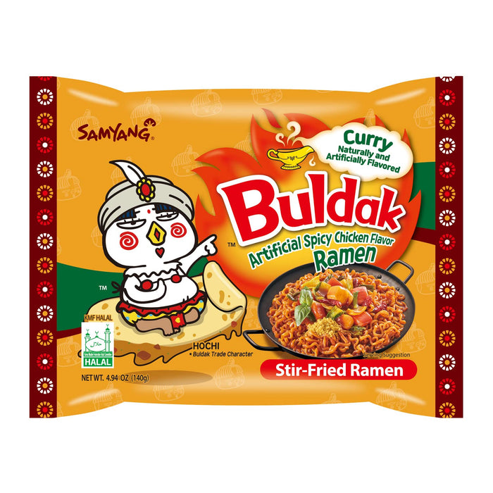 Samyang Buldak Curry Ramen, Pack de 5x140g. La exótica fusión del picante coreano y el curry aromático. Una versión única y deliciosa del famoso ramen de pollo picante para explorar nuevos sabores. Samyang - detalle
