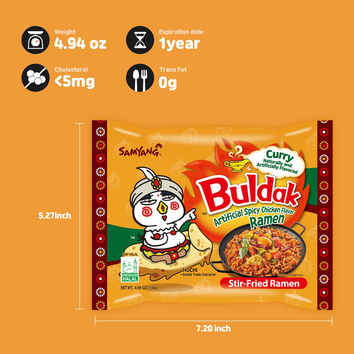 Samyang Buldak Curry Ramen, Pack de 5x140g. La exótica fusión del picante coreano y el curry aromático. Una versión única y deliciosa del famoso ramen de pollo picante para explorar nuevos sabores. Samyang - ingredientes