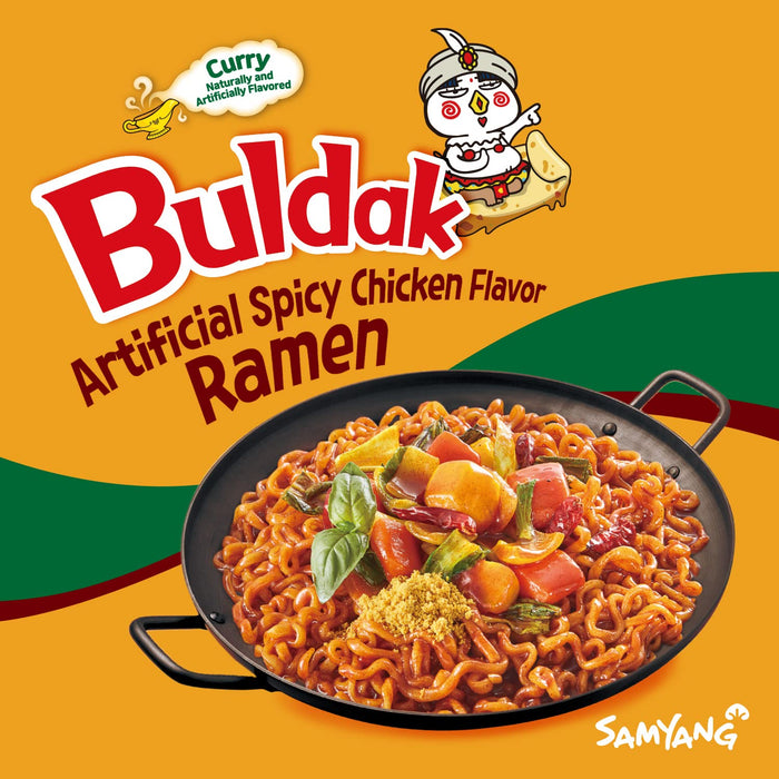 Samyang Buldak Curry Ramen, Pack de 5x140g. La exótica fusión del picante coreano y el curry aromático. Una versión única y deliciosa del famoso ramen de pollo picante para explorar nuevos sabores. Samyang - uso