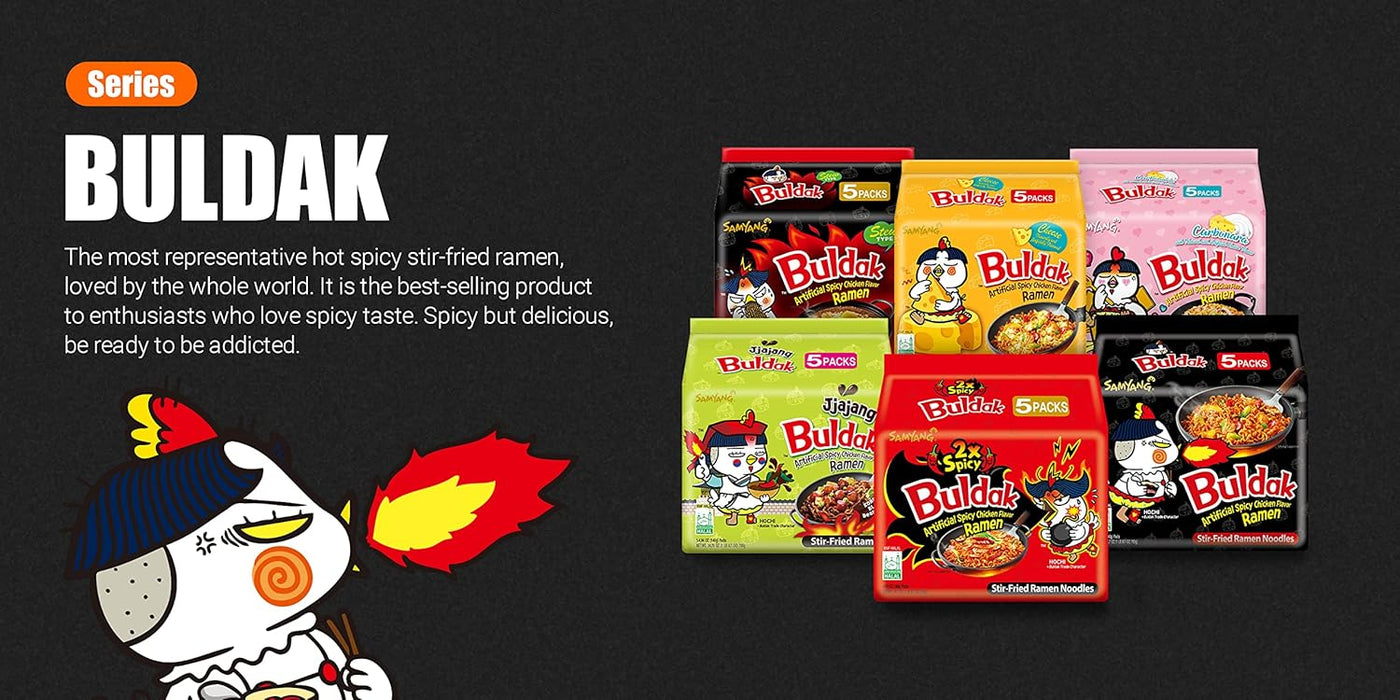 Samyang Buldak Curry Ramen, Pack de 5x140g. La exótica fusión del picante coreano y el curry aromático. Una versión única y deliciosa del famoso ramen de pollo picante para explorar nuevos sabores. Samyang - lateral