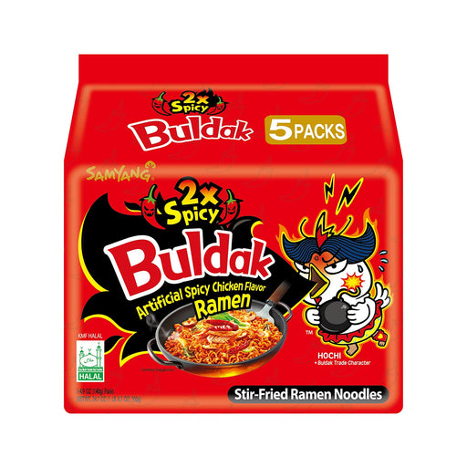 Samyang Buldak Ramen Coreano de Pollo Picante, Pack de 5x140g. El reto de fideos instantáneos más famoso del mundo, con una textura increíble y un sabor a pollo picante inolvidable. Samyang - frontal