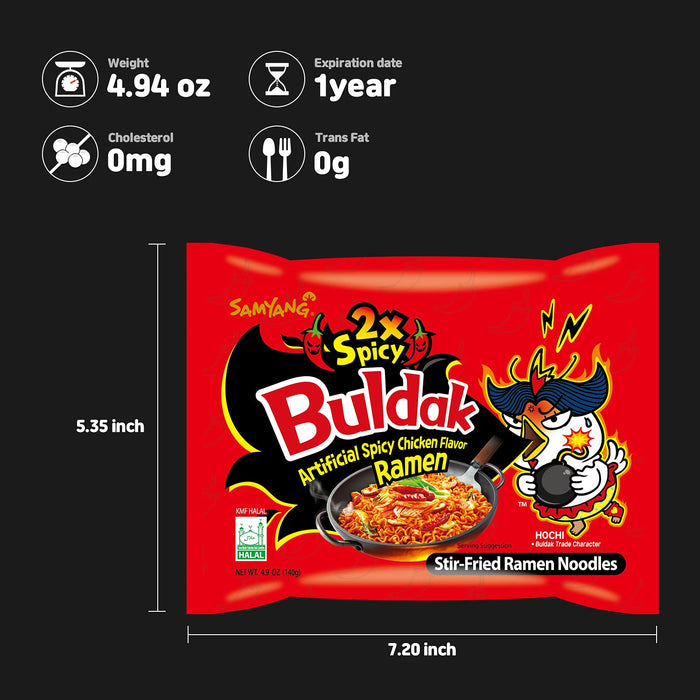 Samyang Buldak Ramen Coreano de Pollo Picante, Pack de 5x140g. El reto de fideos instantáneos más famoso del mundo, con una textura increíble y un sabor a pollo picante inolvidable. Samyang - detalle