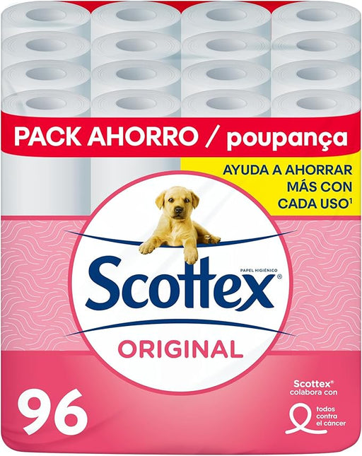 Pack Ahorro de Papel Higiénico Scottex Original con 96 rollos. Formato familiar con 6 paquetes de 16 rollos, con la textura OndaSuave para un cuidado completo. Scottex - frontal