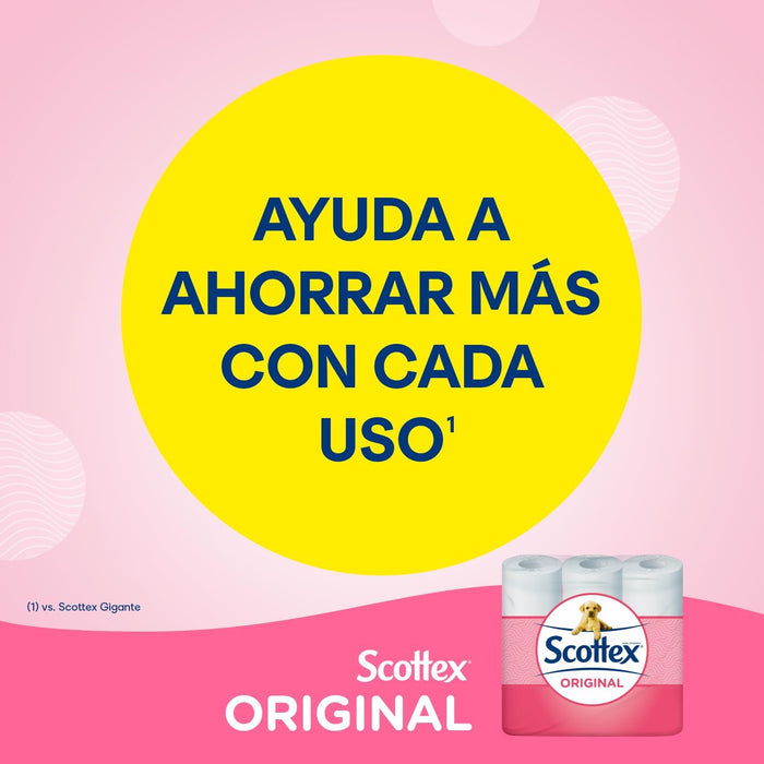 Pack Ahorro de Papel Higiénico Scottex Original con 96 rollos. Formato familiar con 6 paquetes de 16 rollos, con la textura OndaSuave para un cuidado completo. Scottex - ingredientes