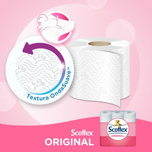 Pack Ahorro de Papel Higiénico Scottex Original con 96 rollos. Formato familiar con 6 paquetes de 16 rollos, con la textura OndaSuave para un cuidado completo. Scottex - pack