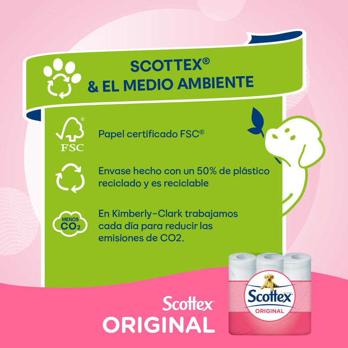 Pack Ahorro de Papel Higiénico Scottex Original con 96 rollos. Formato familiar con 6 paquetes de 16 rollos, con la textura OndaSuave para un cuidado completo. Scottex - uso