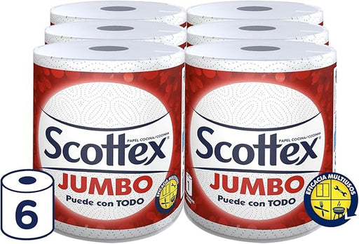Scottex Jumbo Papel de Cocina Multiusos (Pack 6 Rollos): Descubre el papel de cocina más grande y resistente, diseñado para absorber más y ayudarte en todas las tareas del hogar. Scottex - frontal