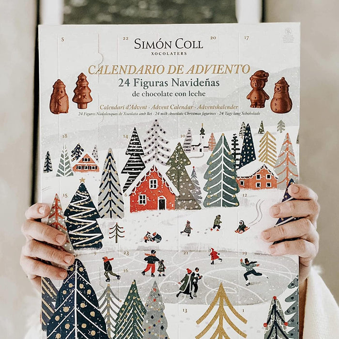 Calendario de Adviento Simón Coll con 24 figuras 3D de Chocolate con Leche, 216gr. Un regalo cremoso y delicioso, sin gluten ni aceite de palma, para toda la familia. Simon Coll - presentacion