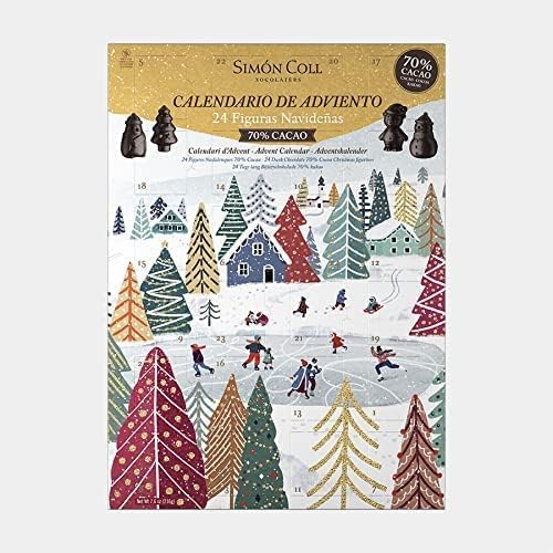 Calendario de Adviento Simón Coll con 24 figuras 3D de Chocolate Negro 70% Cacao, 216gr. Un regalo gourmet sin gluten ni aceite de palma para los amantes del sabor intenso. Simon Coll - frontal