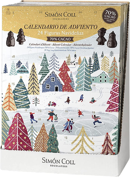 Calendario de Adviento Simón Coll con 24 figuras 3D de Chocolate Negro 70% Cacao, 216gr. Un regalo gourmet sin gluten ni aceite de palma para los amantes del sabor intenso. Simon Coll - presentacion