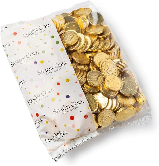 Simón Coll Monedas de Chocolate con Leche (Bolsa 300 uds). Chocolate de alta calidad de maestros chocolateros desde 1840, sin gluten ni aceite de palma. El capricho perfecto para niños gourmets. Simon Coll - frontal