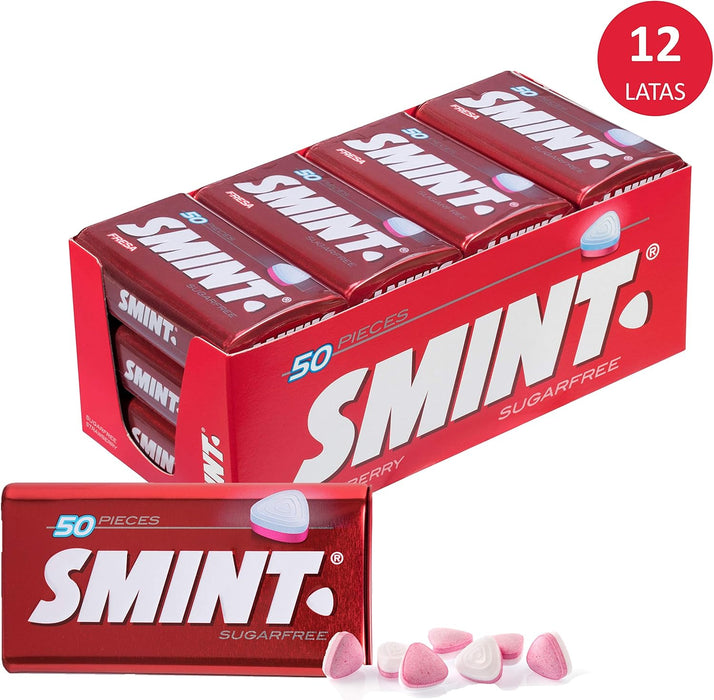 Smint Tin Fresa, pack de 12 latas de 35 gr. Caramelos comprimidos sin azúcar con un delicioso e intenso sabor a fresa para un aliento fresco y afrutado al instante. Smint - detalle