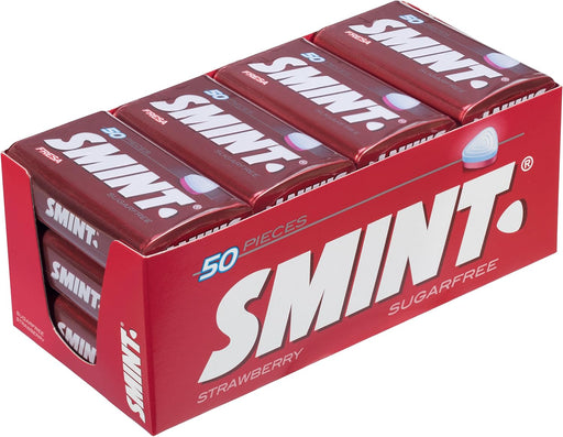 Smint Tin Fresa, pack de 12 latas de 35 gr. Caramelos comprimidos sin azúcar con un delicioso e intenso sabor a fresa para un aliento fresco y afrutado al instante. Smint - frontal
