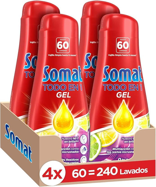 Somat Todo en 1 Gel Lavavajillas Lima y Limón, Pack de 4 (240 Lavados). Detergente líquido multiacción para una limpieza potente incluso en ciclos cortos y un brillo impecable. Somat - frontal