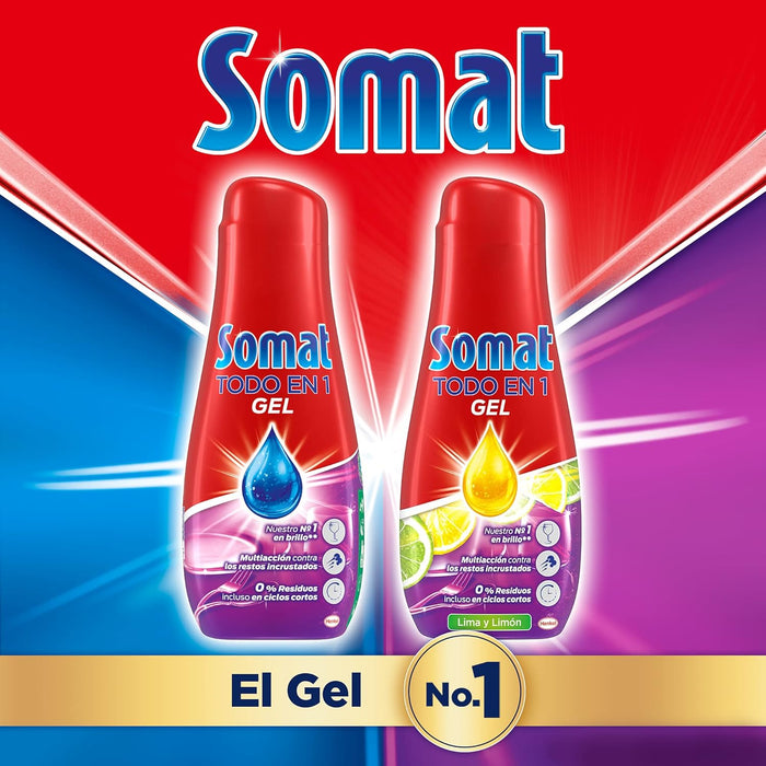 Somat Todo en 1 Gel Lavavajillas Lima y Limón, Pack de 4 (240 Lavados). Detergente líquido multiacción para una limpieza potente incluso en ciclos cortos y un brillo impecable. Somat - ingredientes