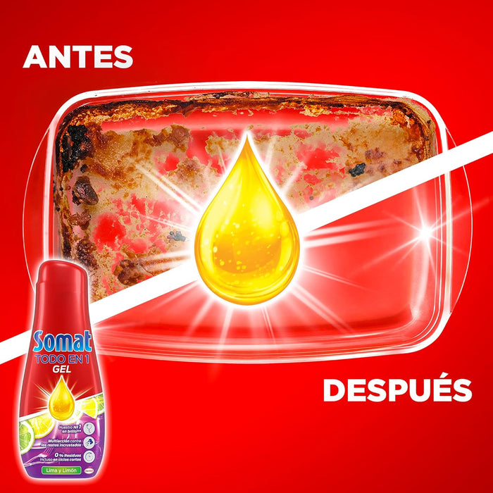 Somat Todo en 1 Gel Lavavajillas Lima y Limón, Pack de 4 (240 Lavados). Detergente líquido multiacción para una limpieza potente incluso en ciclos cortos y un brillo impecable. Somat - pack