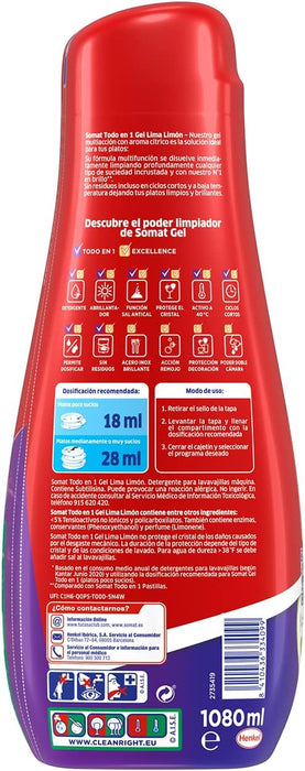 Somat Todo en 1 Gel Lavavajillas Lima y Limón, Pack de 4 (240 Lavados). Detergente líquido multiacción para una limpieza potente incluso en ciclos cortos y un brillo impecable. Somat - presentacion
