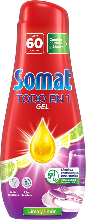 Somat Todo en 1 Gel Lavavajillas Lima y Limón, Pack de 4 (240 Lavados). Detergente líquido multiacción para una limpieza potente incluso en ciclos cortos y un brillo impecable. Somat - uso