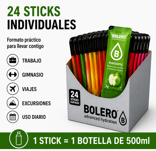 Bolero Sticks Individuales formato práctico. 24 sticks de 3g para llevar al trabajo, gimnasio, viajes y uso diario.