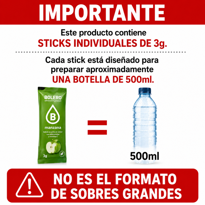 Bolero Sticks Individuales de 3g. Cada stick está diseñado para preparar aproximadamente una botella de 500ml. No es el formato de sobres grandes.
