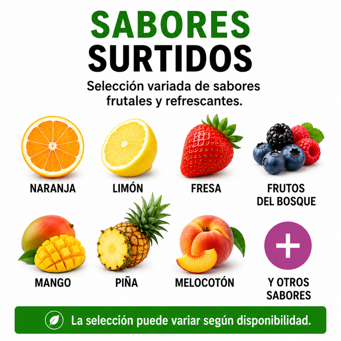 Bolero Sticks Individuales sabores surtidos. Selección variada de sabores frutales como naranja, limón, fresa, mango, piña y melocotón.