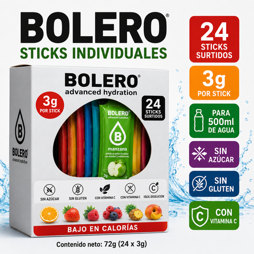 Bolero Sticks Individuales 24 x 3g. Pack surtido de bebida en polvo sin azúcar para preparar hasta 24 botellas de 500ml.