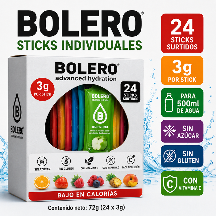 Bolero Sticks Individuales 24 x 3g. Pack surtido de bebida en polvo sin azúcar para preparar hasta 24 botellas de 500ml.