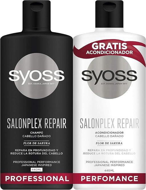 Syoss Pack SalonPlex Reparación Profunda (Champú 440ml + Acondicionador 440ml): Restaura millones de enlaces rotos en el cabello dañado y sobreprocesado. Syoss - frontal