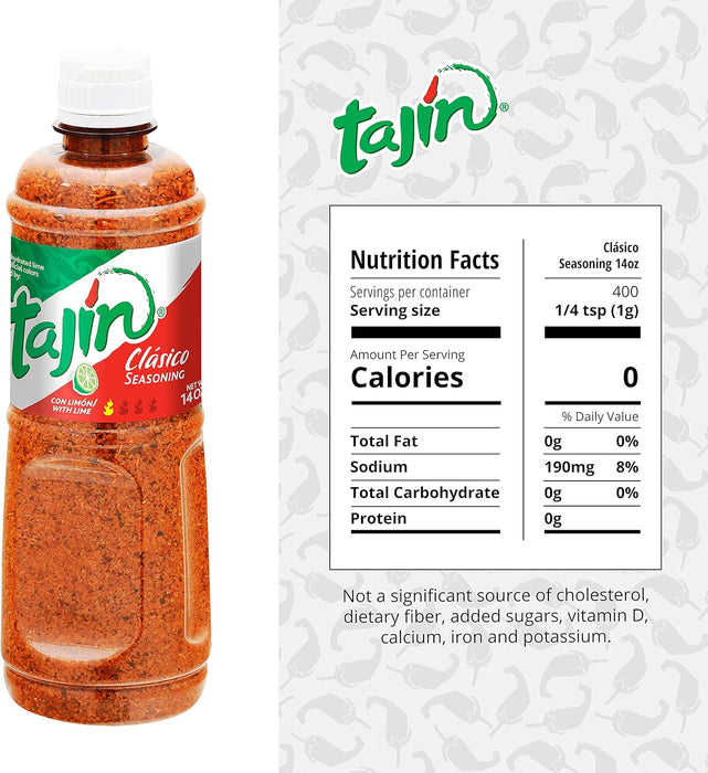 Tajín Clásico Condimento para Frutas y Snacks, formato familiar de 397g (14oz). Sazonador mexicano en polvo con chile, sal y lima para dar un toque picante y cítrico a todo. Tajin - detalle