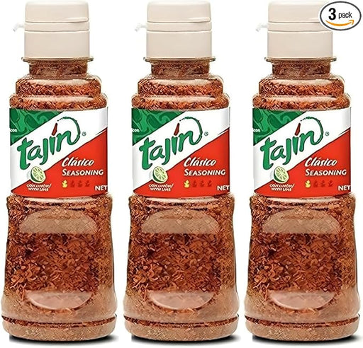 Tajín Clásico en Polvo, Pack Promocional de 3 botes de 142g. Sazonador 100% natural con chile, lima y sal para realzar el sabor de frutas, verduras y bebidas. Tajin - frontal