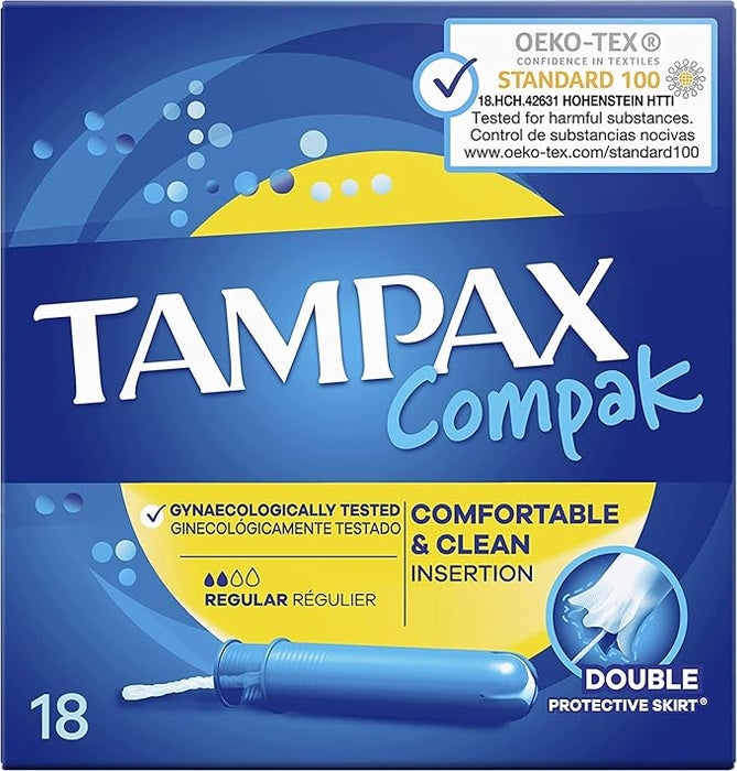 Tampax Compak Regular, 18 Tampones con Aplicador. Protección segura contra fugas para flujo ligero a medio, con aplicador compacto para una máxima discreción y comodidad. Tampax - frontal